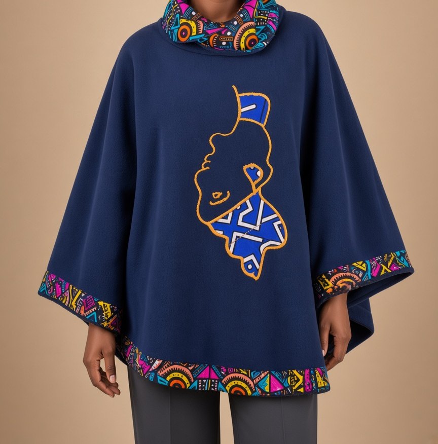 Navy fleece poncho with Ankara collar and imaginary lady appliqué