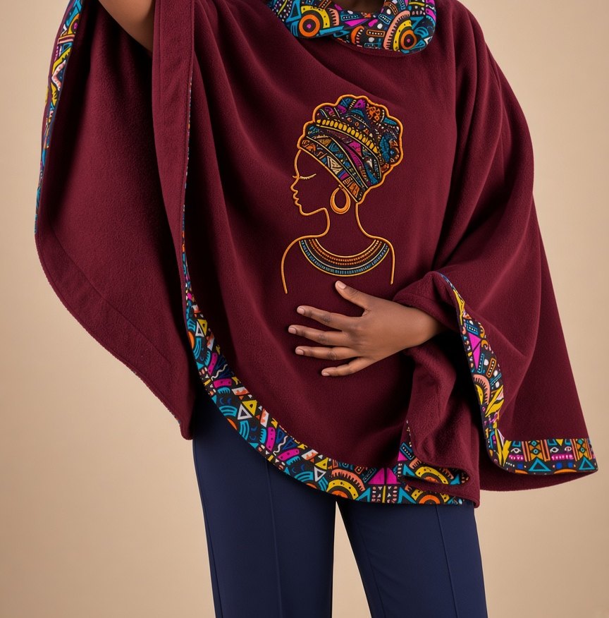 Burgundy fleece poncho with Ankara hem and imaginary lady appliqué